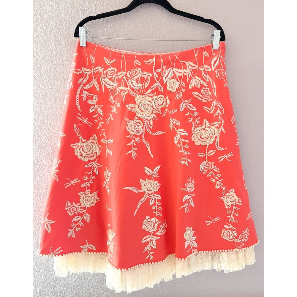 Basil & Maude Coral Pink Floral Beaded Lace Trim Skirt Coquette Balletcore Sz 10